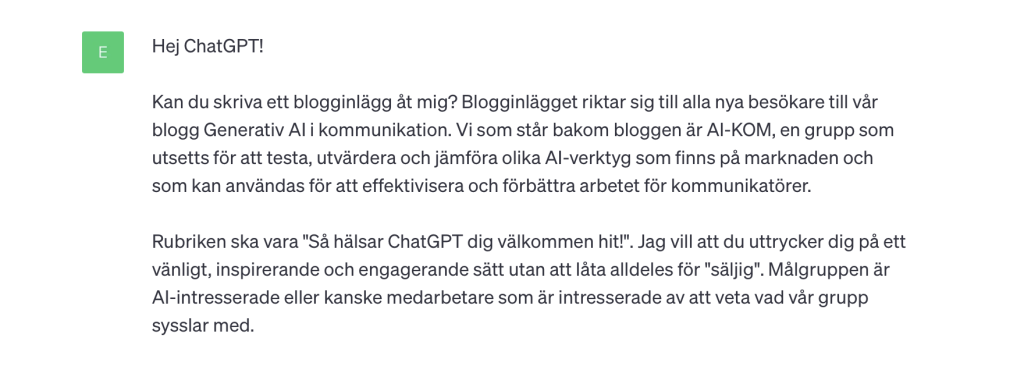 Dialogruta med en text i AI-verktyget ChatGPT.